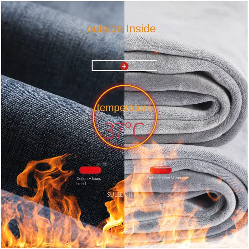 Winter New Men Fleece Jeans Business Casual Stretch Slim Fit Denim CowBoy Student Trousers Male Classic Thick Warm Pants