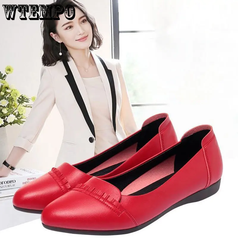 WTEMPO Spring Women Pumps Shoes Pointed Toe Women Flat Shoes Solid Color Slip on Casual Shoes Soft Comfort Leather Dropshipping
