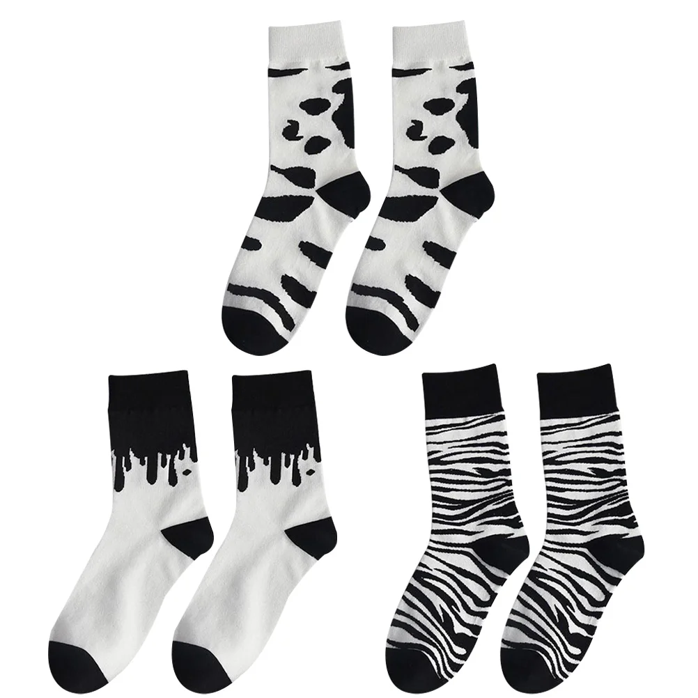 

3 Pairs Tube Socks Cow Zebra Printed Boys Sports Autumn And Winter Cotton Miss Mens Slipper Strawberry Woman