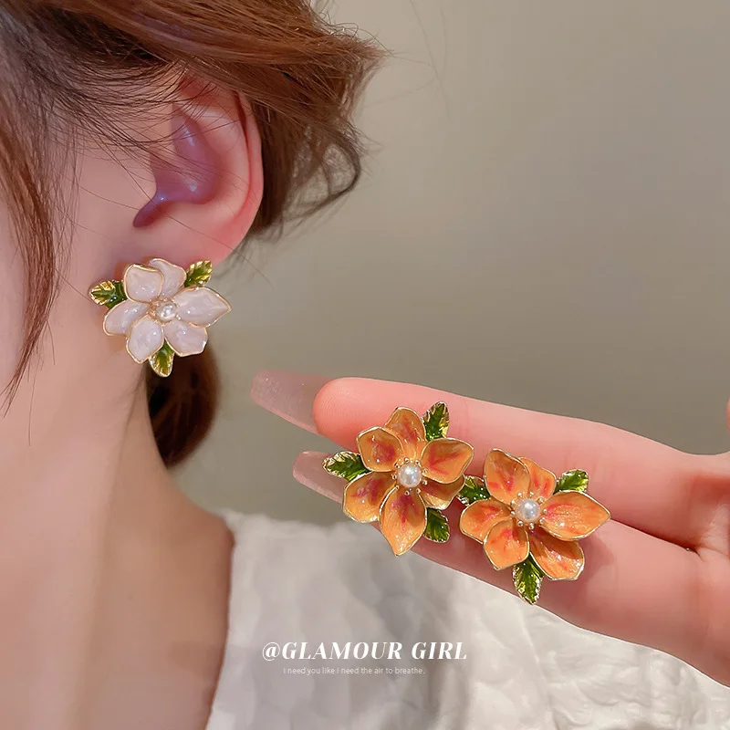 

French Sweet Drip Glaze Flower Stud Earrings for Women 2023 Trendy 925 Sliver Needle Daily Party Earrings Y2K Kpop Jewelry Gift