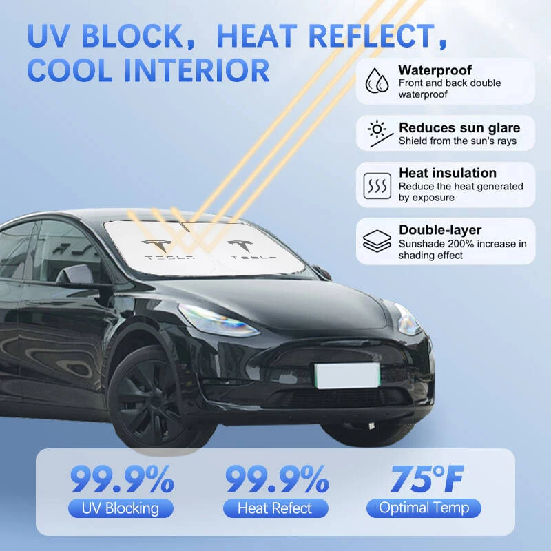 Фото Солнцезащитный козырек для лобового стекла автомобиля Tesla Model Y 3 2016-2026, Model 3 Highland 2024, складной, блокирует УФ-лучи №1