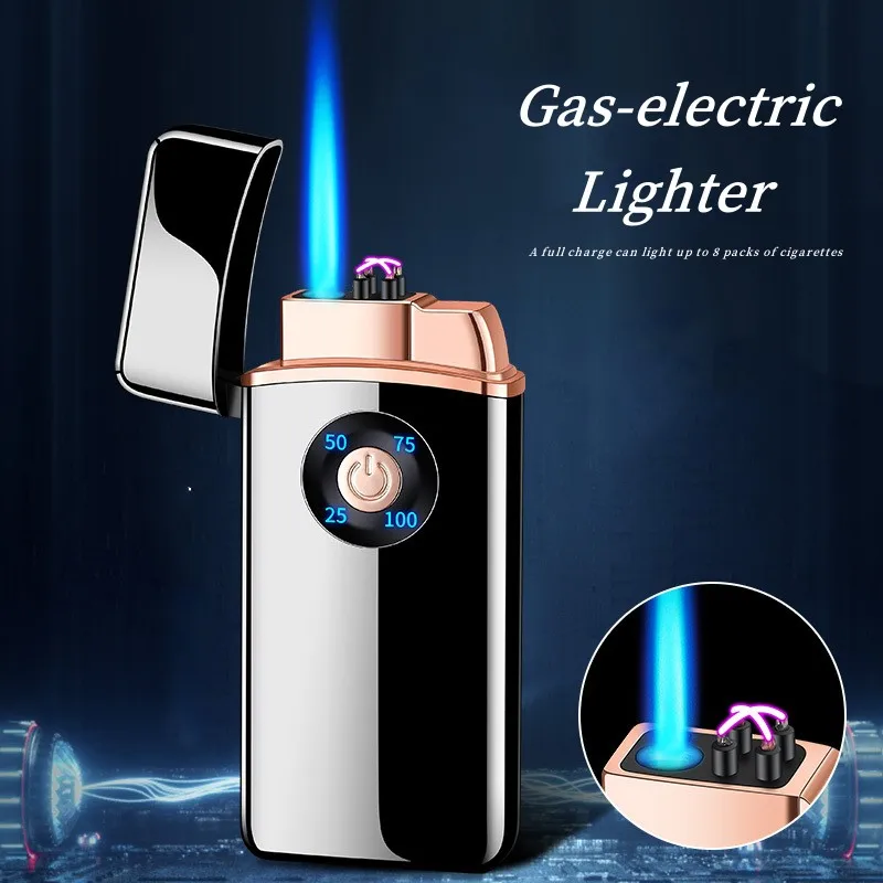 

New Metal Gas Electric Dual-use Butane Gas Lighter Outdoor Windproof Blue Flame Double Arc Igniter Large Capacity Power Display