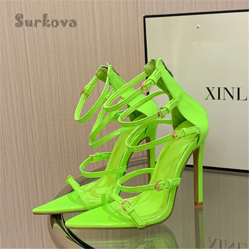 

Rome High Heels Gladiator Sandals Fluorescent Color Stiletto Buckle Pumps Ankle Strap Elegant Sexy Pointed Toe Back Zipper Shoes