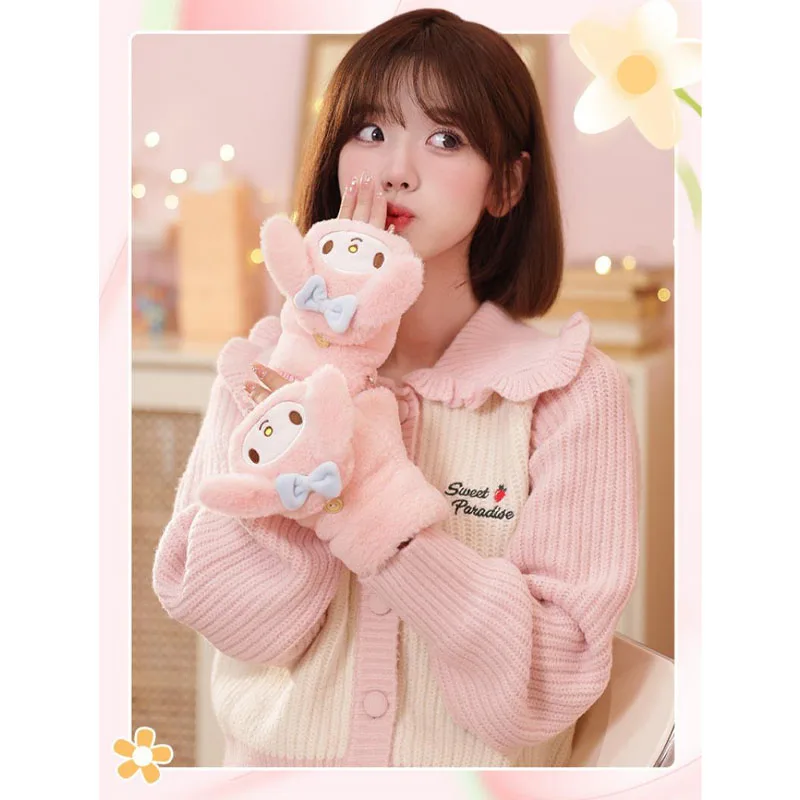 

Sanrioed My Melody Cinnamoroll перчатки Ins кавайные зимние защитные теплые откидные перчатки без пальцев для письма плюшевые перчатки подарки