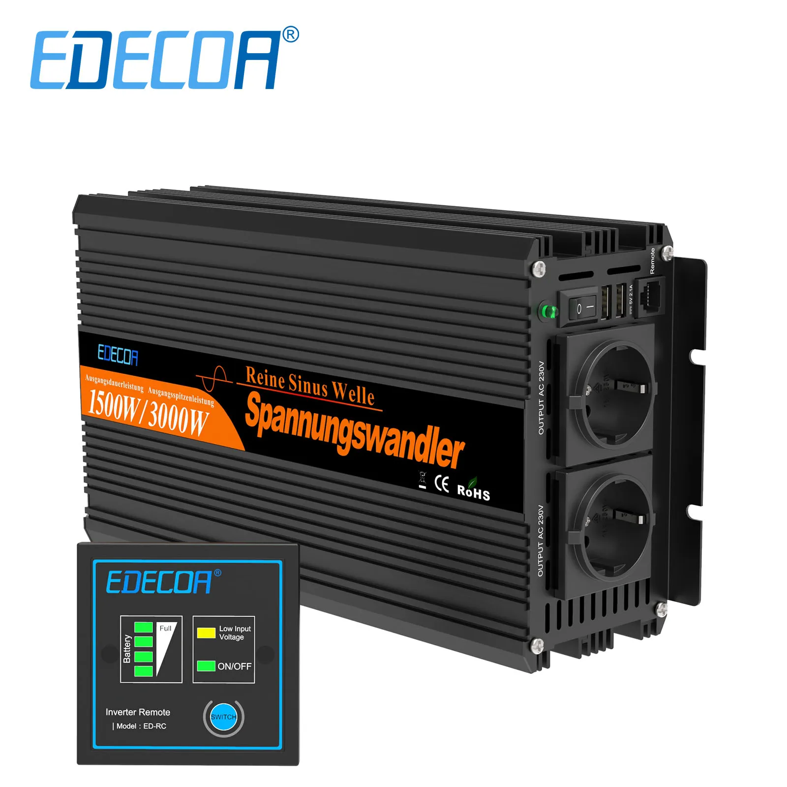 

EDECOA 1500W 2500W pure sine wave power inverter DC 12V to AC 220V 230V 240V off grid solar inverter converter car inverter