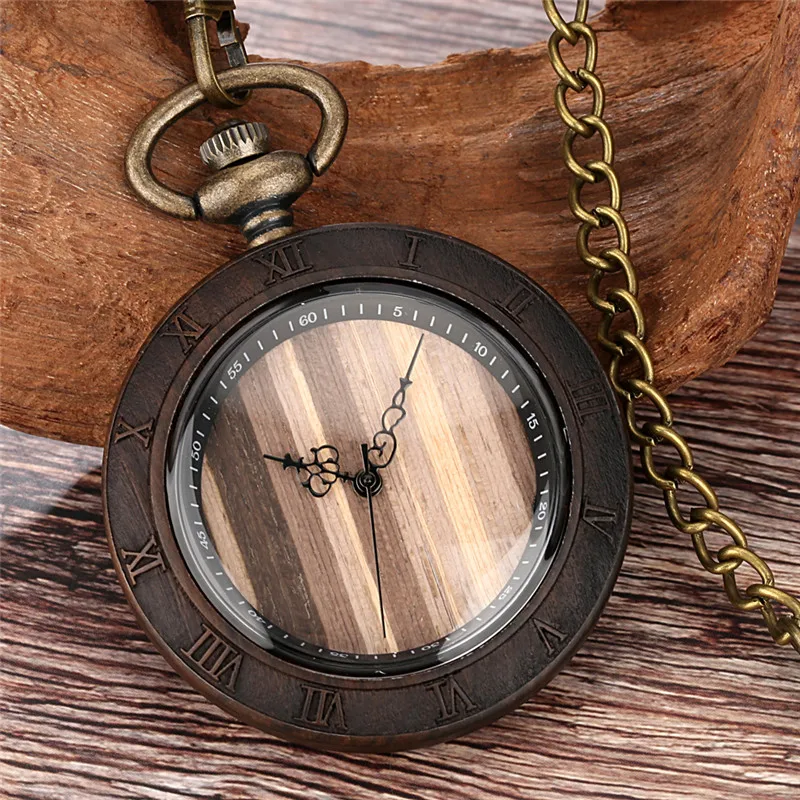 Creative Nature Wood Watch Men Women Retro Quartz Analog Pocket Watch Wooden Bamboo Clock FOB Pendant Chain Collectable Gift
