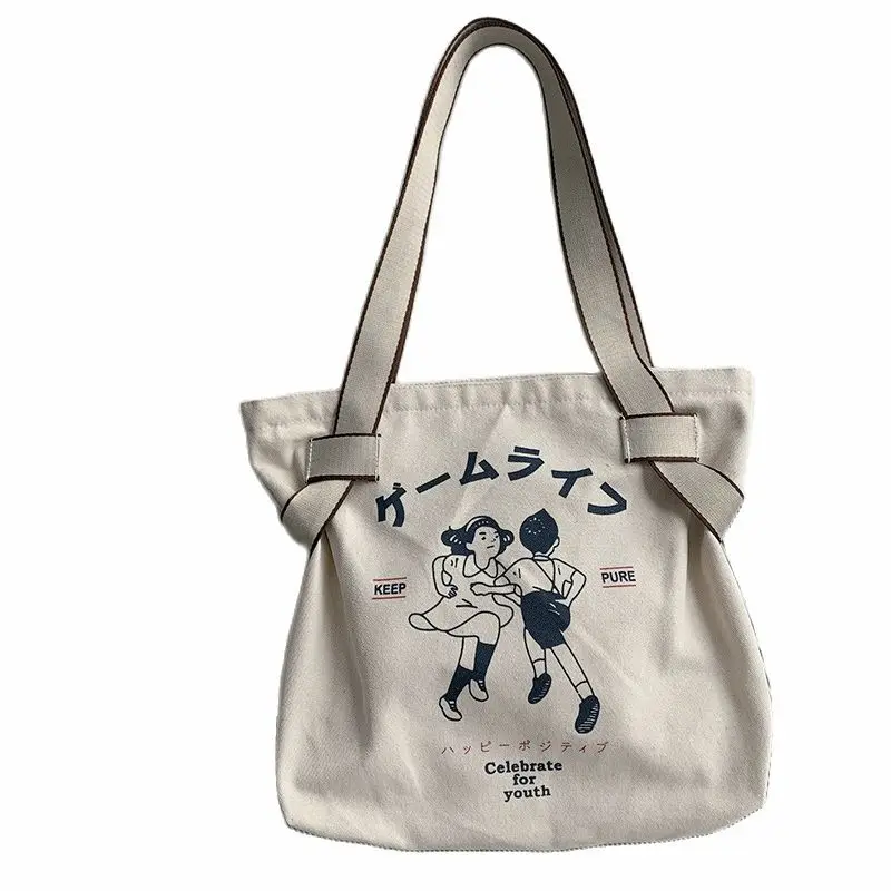 

Large Capacity Canvas Women Designer Handbag Lady's Shopper Japanese Style Retro Cartoon Print Girls Bag