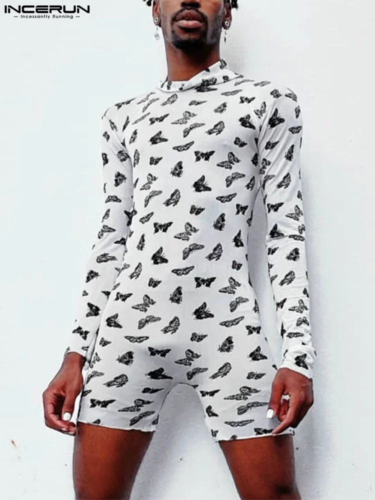 INCERUN 2023 Fashion Casual Men's Rompers Loungewear Butterfly Printing Jumpsuit Sexy Male Hot Sale Long Sleeve Bodysuits S-5XL