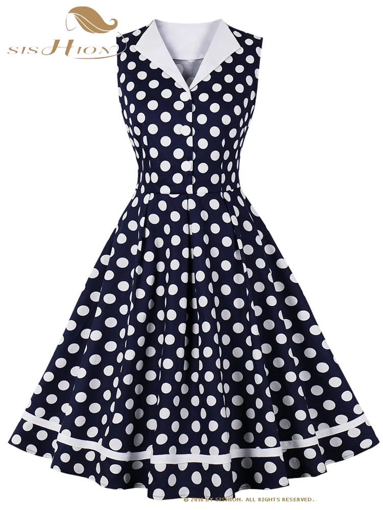 

SISHION Cotton 50s 60s Rockabilly Vintage Dresses SR532 Retro Party Polka Dots Printed Navy Blue Women Summer Dresses