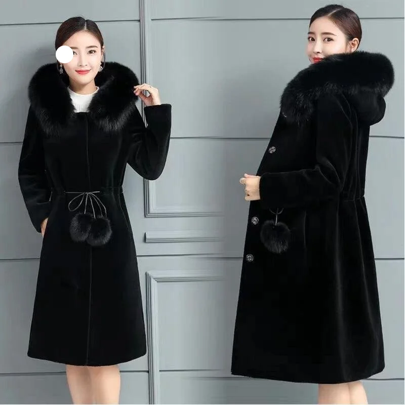 Faux Fur Coat Women Hooded Mink Cashmere Slim Fit Plus Size Solid Long Sleeve Thick Warm Single Breasted Fur Coat