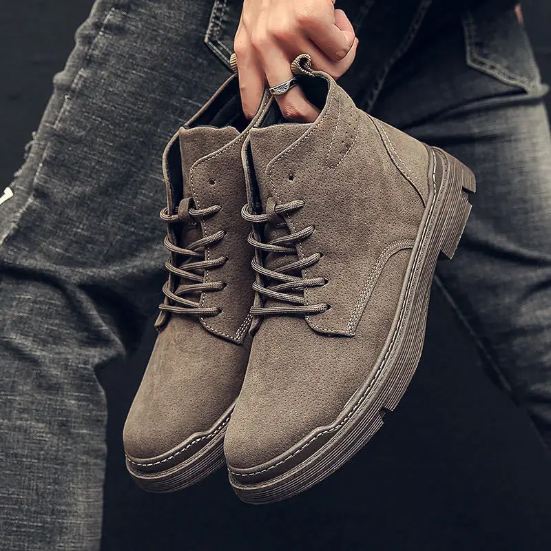 

New Spring Autumn Men Boots Street Trend Motorcycle Boots Winter Flat Lace-up Shoes Suede Ankle Boots Thickened Botas Hombre