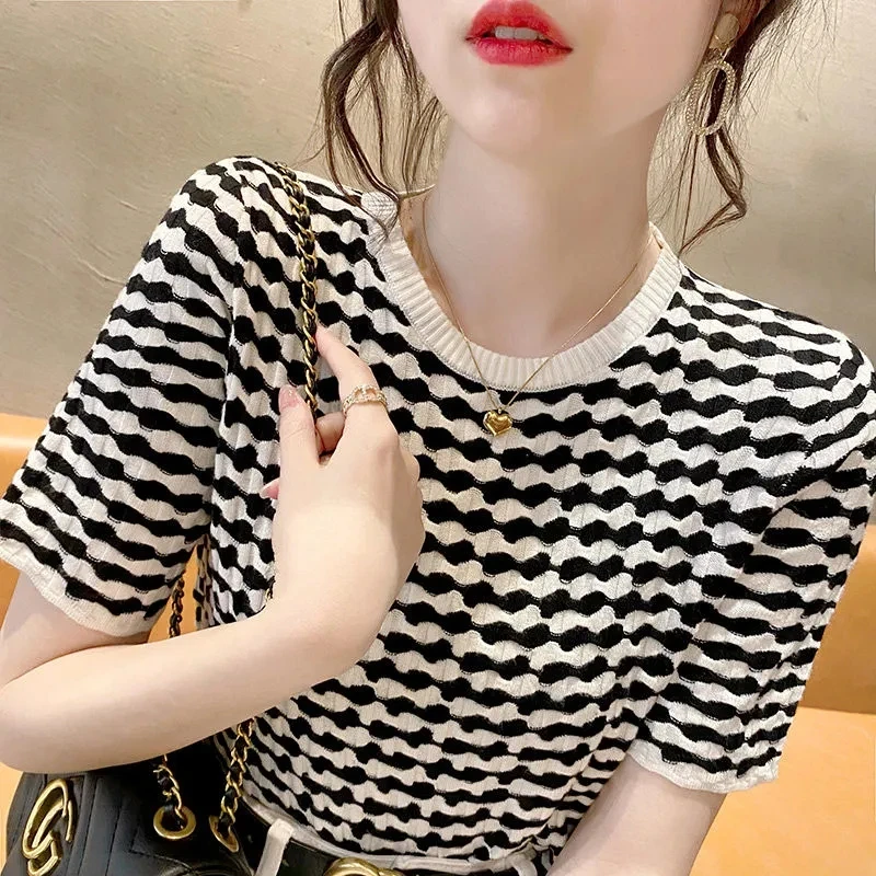 

Knitting Short Sleeve T-Shirt Striped Design Beautiful Woman Blouse Elegant Loose Casual 2022 New Summer Top Women's Clothing