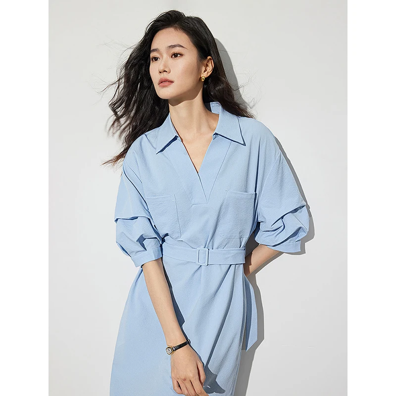 Женское жаккардовое платье-рубашка с поясом V-образным вырезом и