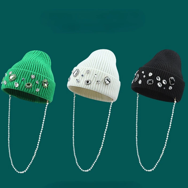 Spring Beanies for Women Fashion Pearl Chain Rhinestone Personality Warm Ear Protection Knitted Hat Designer Luxury Women's Hat
