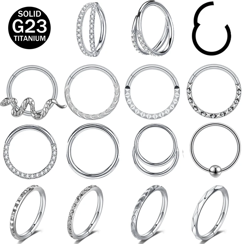 

ZS 1PC 16G G23 Titanium Nose Rings Snake Crystal Hoop Septum Nose Clicker Round Ear Cartilage Helix Tragus Piercing 6/8/10MM