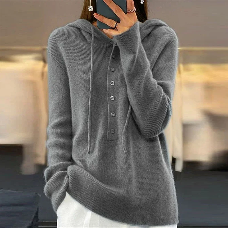Осень-зима женский свитер с капюшоном модные пуговицы длинным рукавом шерстяной