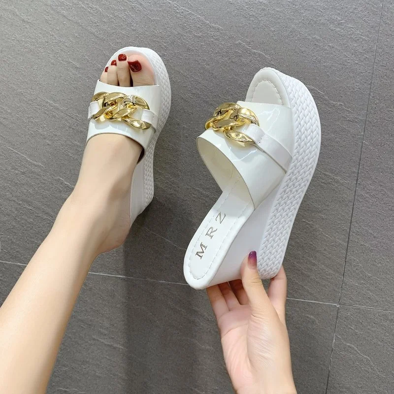 

Women Sandals High Heel Slides Fashion Metal Decoration Peep Toe Solid Zapatillas Mujer Casa Sapatos Femininos Sliders Shoes