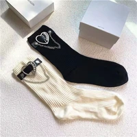 original design lolita love chain leather label wearing korean pure cotton medium tube personalized womens socks