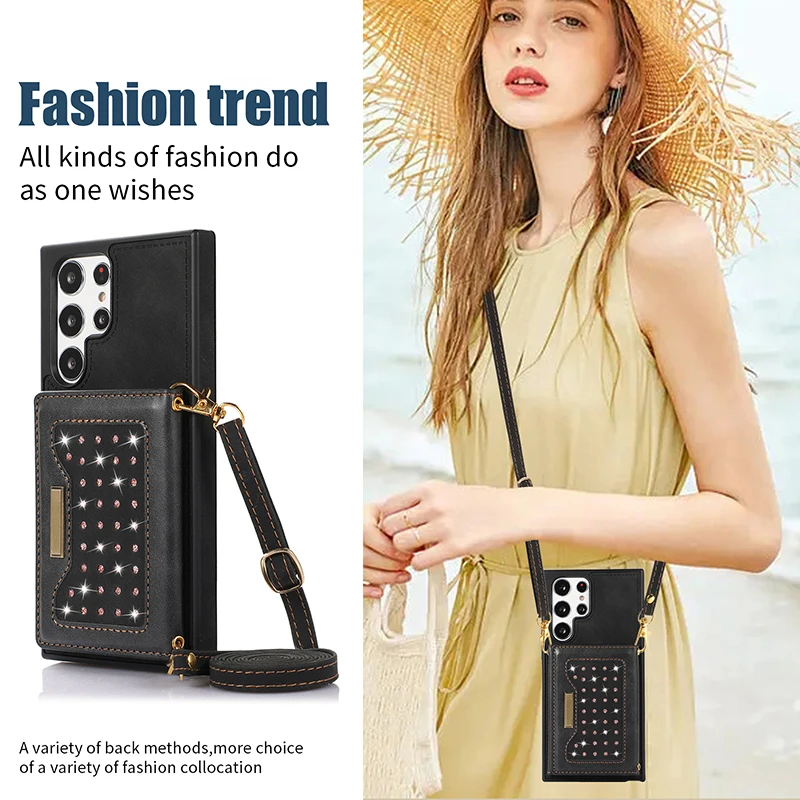 

Glitter Rhinestone Crossbody Case For Samsung S23 S22 Ultra S21 S20 Plus Note 20 A54 A53 A13 A52 Leather Card Wallet Phone Cover