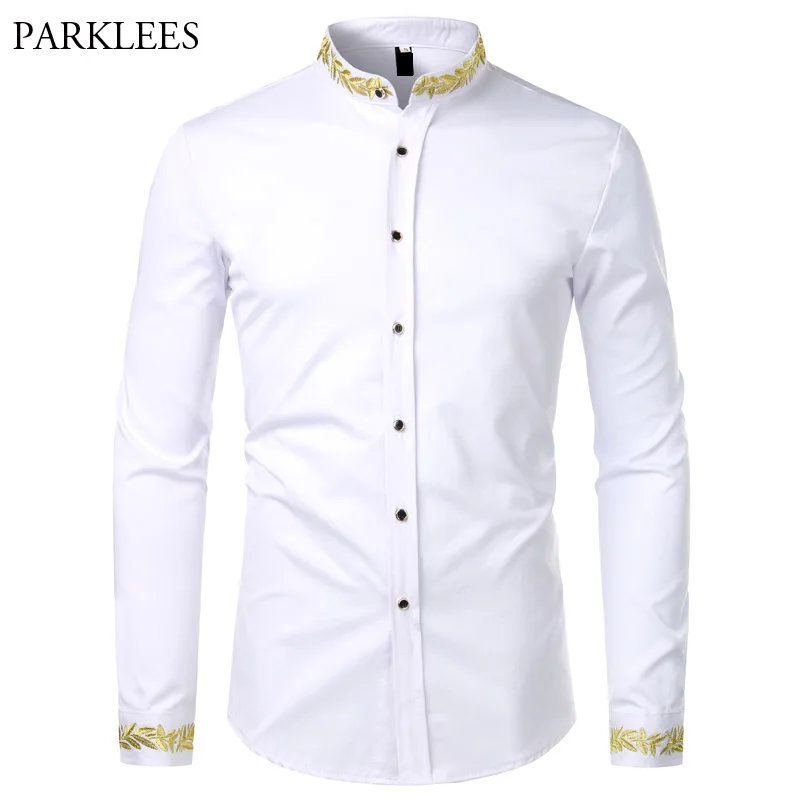 Gold Embroidery White Shirt Men Brand New Stand Collar Mens Dress Shirts Casual Slim Long Sleeve Chemise Homme Camisa Masculina