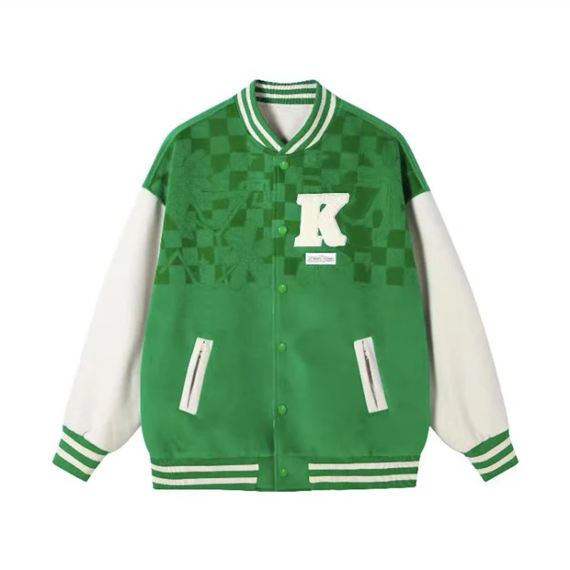 

Green Baseball Varsity Jacket Men K Letter Embroidery Spring Patchwork Vintage College Hip Hop Bomber Jackets Couple Y2k Clothes