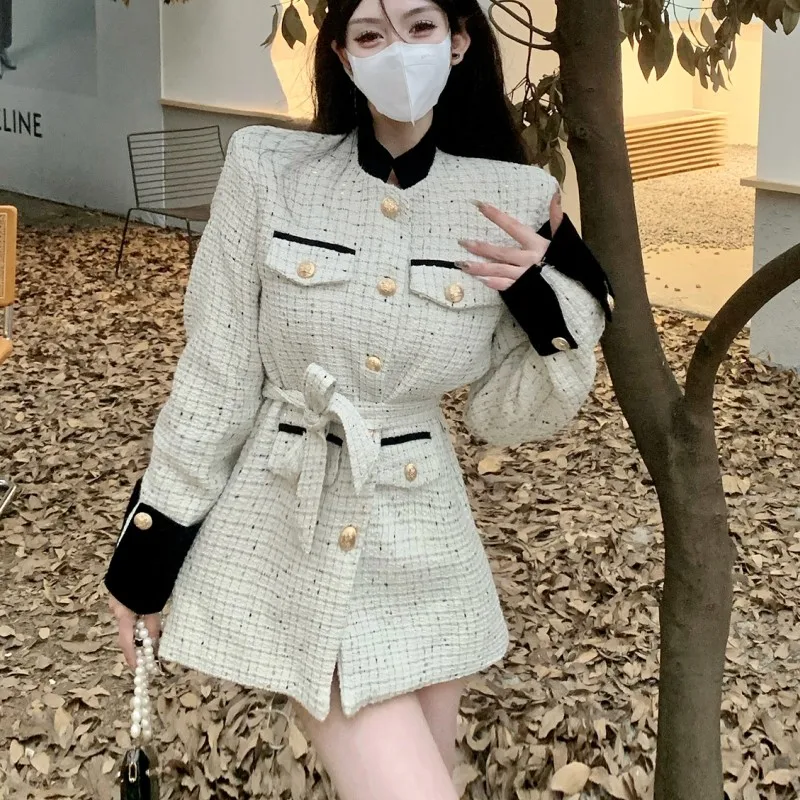 

French Temperament Small Fragrant Fashion Sequined Plaid Tweed Long Coats Women Autumn Winter Casual Belt Wool Blend Outerwear
