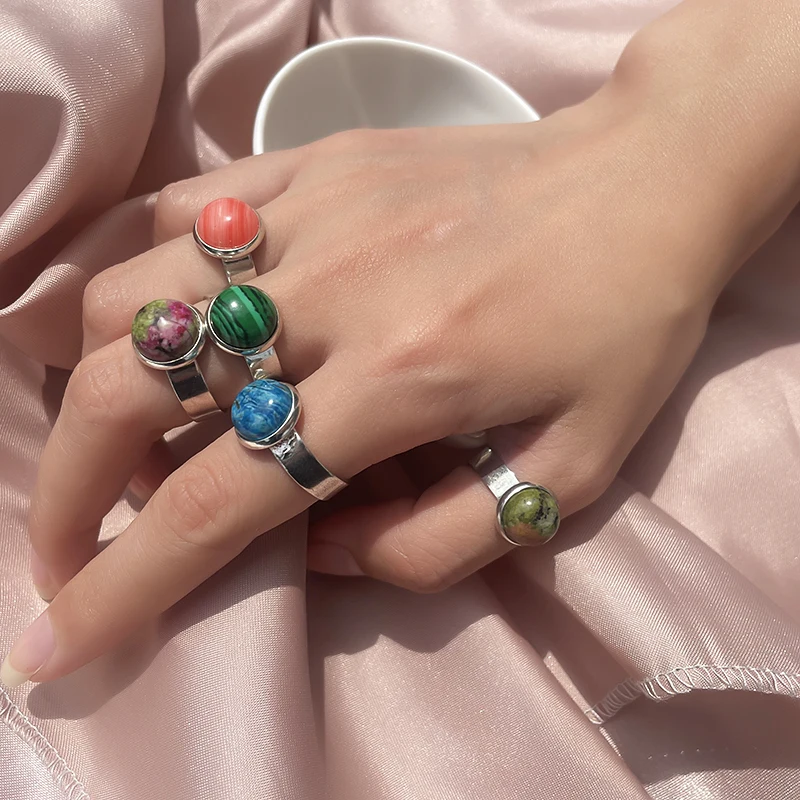 

10 Mm Vintage Natural Stone Ring Fashion Round Opal Ring for Women Adjustable Open Healing Turquoise Accessories Holiday Beach