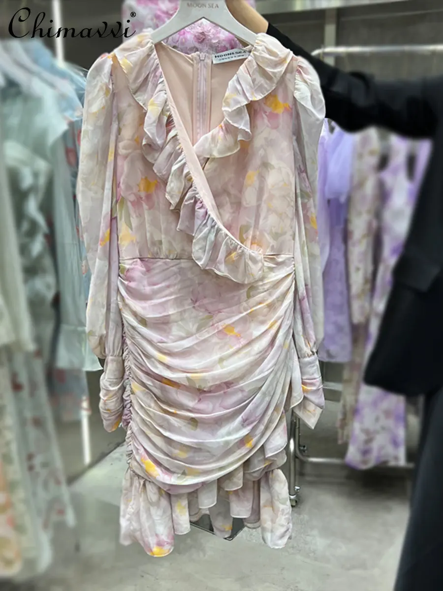 

Ladies New 2023 Fashionable Princess Style Ruffled Pleated Long Sleeve Dress for Women Slim Temperament Party Mini Dress