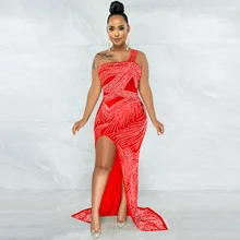 Wishyear Vestidos de Noche brillantes de cristal para mujer, maxivestido de fiesta de cumpleaños, un hombro, Espalda descubierta, abertura alta, 2022 (4)