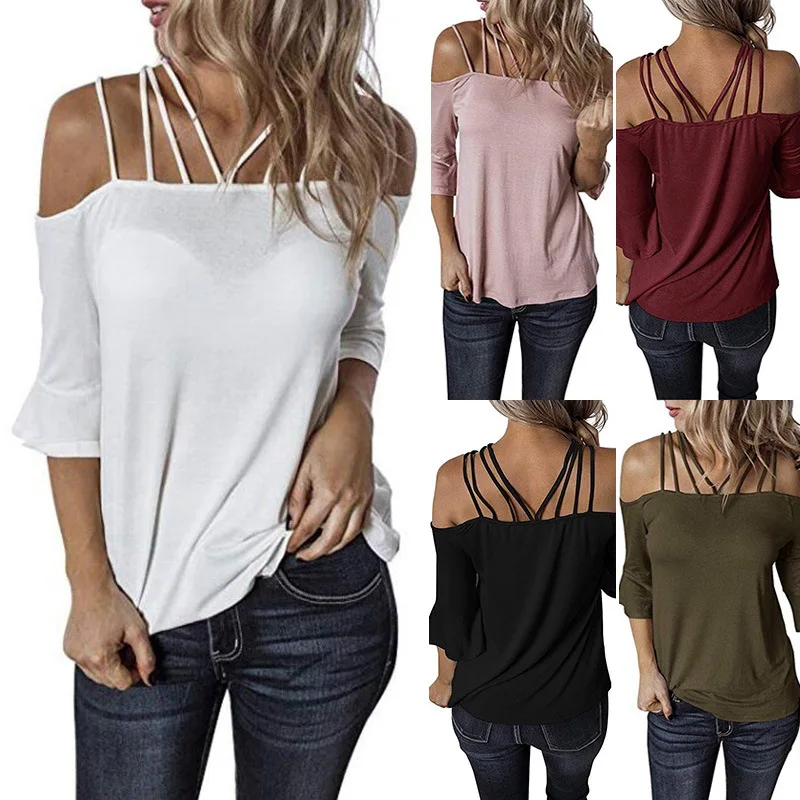 2022 European and American women's autumn 6 colors 8 sizes new hot sale one-word shoulder strap trumpet sleeve t-shirt women