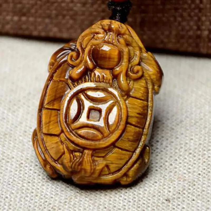 Drop Shipping Tigers Eye Stone Pendant Hand Carved Money Turtle Necklace With Chain Lucky Amulet Fine Jewelry Gift