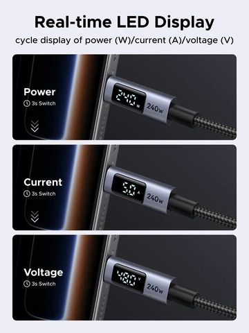 UGREEN USB-C кабель 240 Вт с цифровым дисплеем PD3.1 Type-C шнур для ноутбука MacBook iPhone 17 Samsung S25 Xiaomi зарядное устройство быстрое