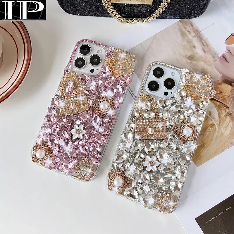 Diamond Rhinestone Pearl Flower Decoration Design Smart Cell Phone Case for Iphone 15 14 13 12 11 Pro MAX XR Series