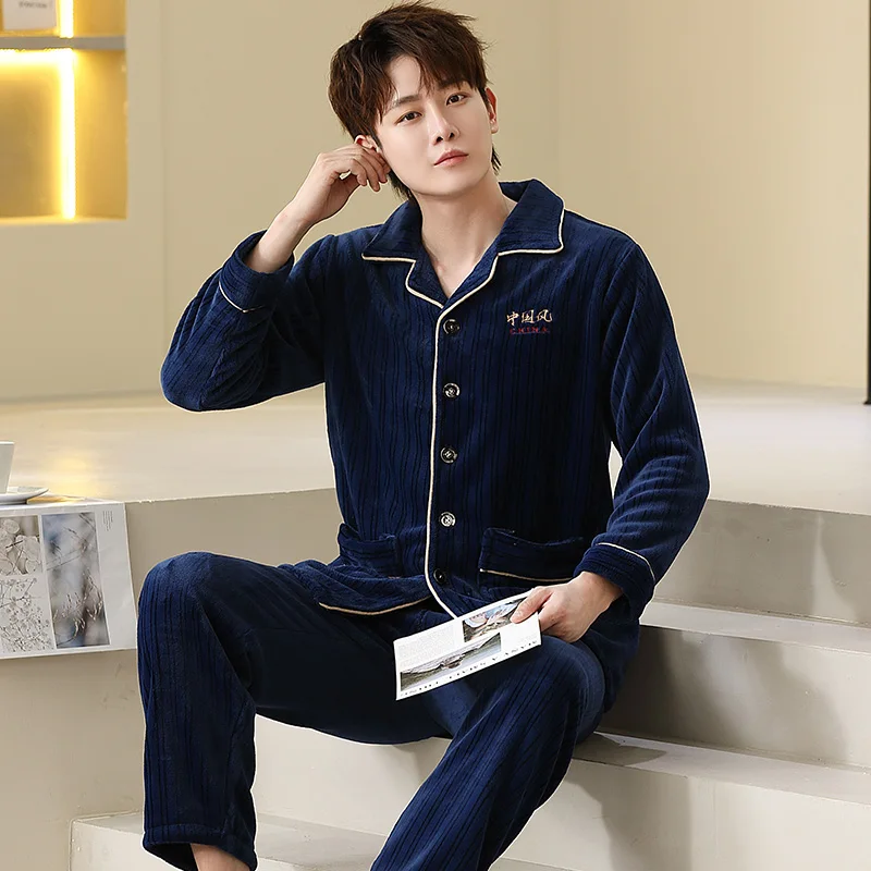 QUHENG Winter Pajamas for Man Set Flannel 2022 New Plus Size Pijamas Pocket Buttons 2 Pieces Home Clothes Suits Pyjama Sleepwear