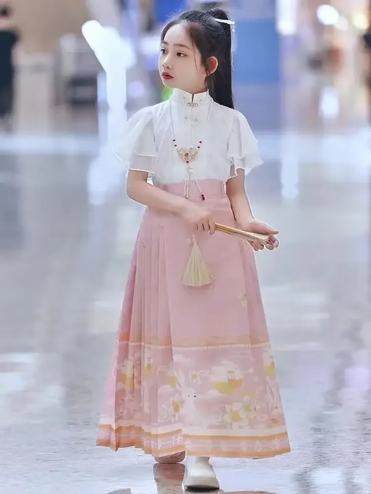 

2023 Summer Horse Faced Skirt Girls Hanfu Modified Antique Girl's Chinese Style Ancient Suit Ming Childrens Tang Short Sleeve