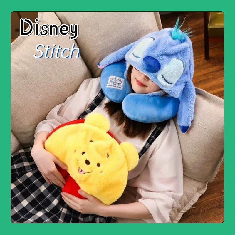 Дорожная U-образная подушка Disney Stitch модная офисная плюшевая для сна с капюшоном