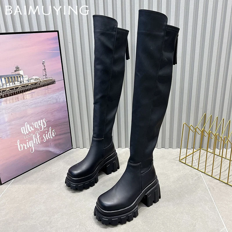 Кожаные женские высокие сапоги на массивном массиве модные ботинки высоком