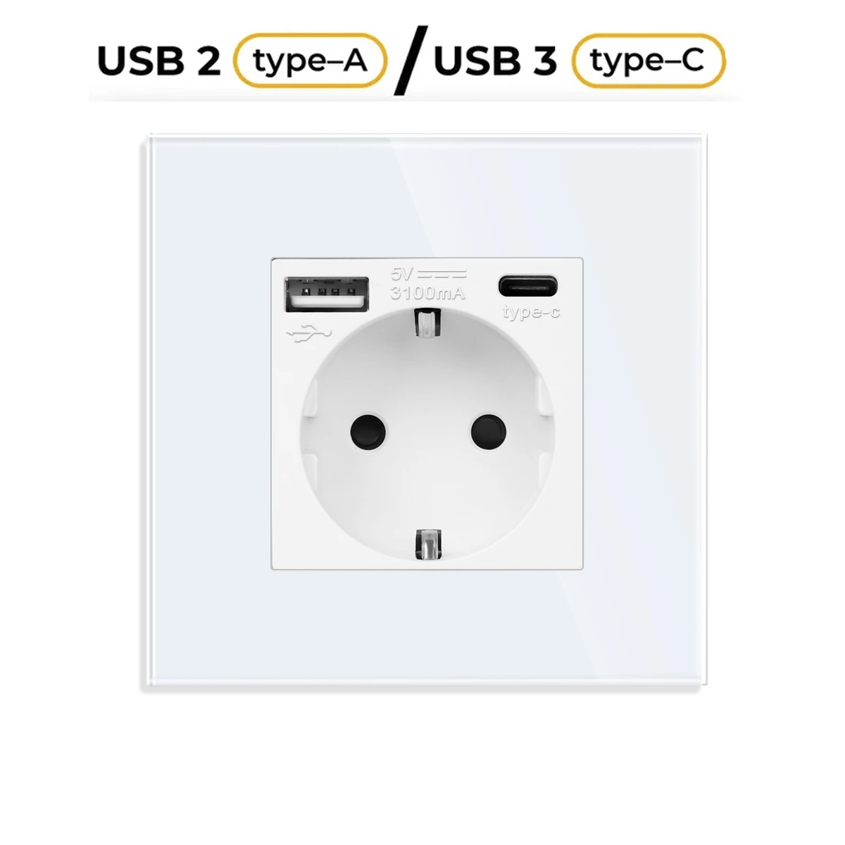 

EU 2 USB Wall Plug Socket type-c Interface fast charger Crystal Glass Panel home wall socket Russia EU standard