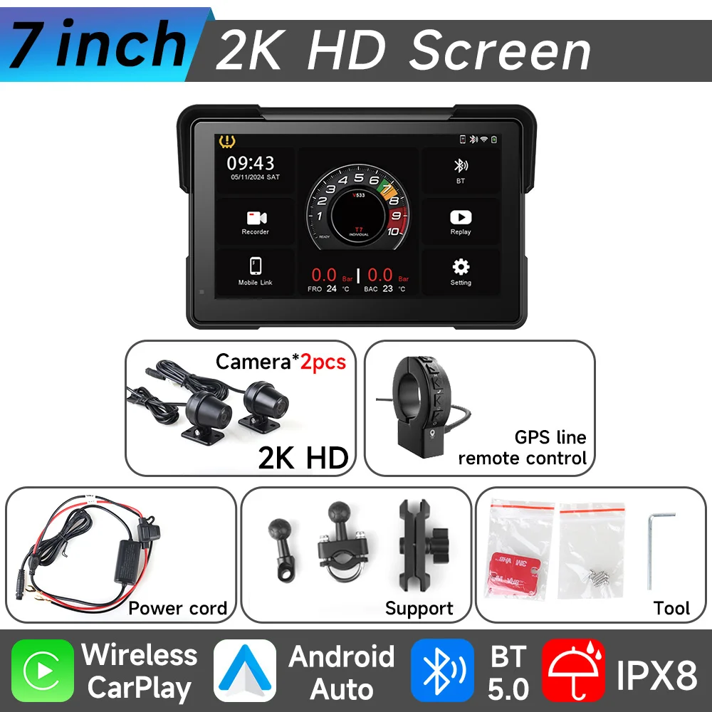 

7-дюймовый мотоциклетный мультимедийный плеер 2K HD, GPS-навигатор, видеорегистратор, беспроводной CarPlay, Android Auto, IPX8, водонепроницаемый экран BT