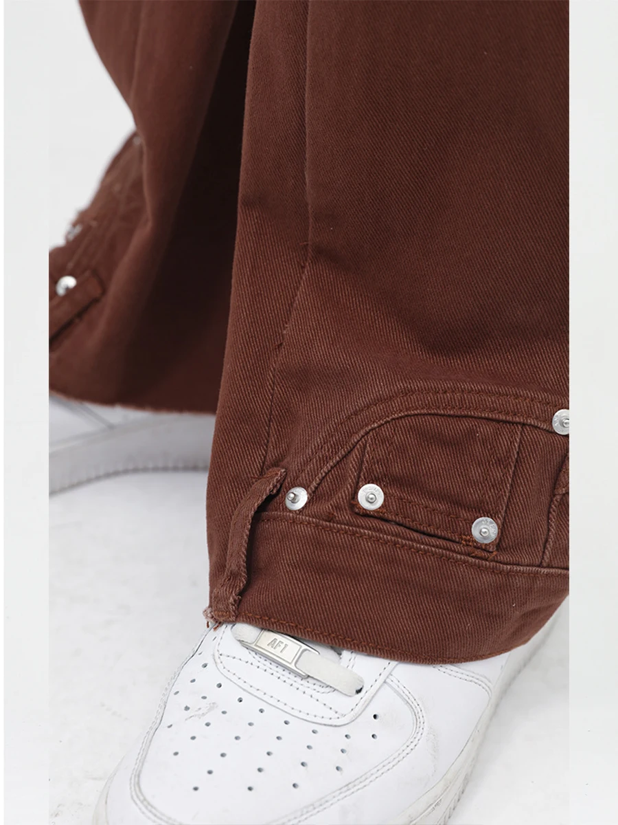 Four Seasons Fashion Retro Brown Loose Men's Tooling Flared Jeans Pants High Street Hip Hop Ladies Casual Loose Denim Trousers