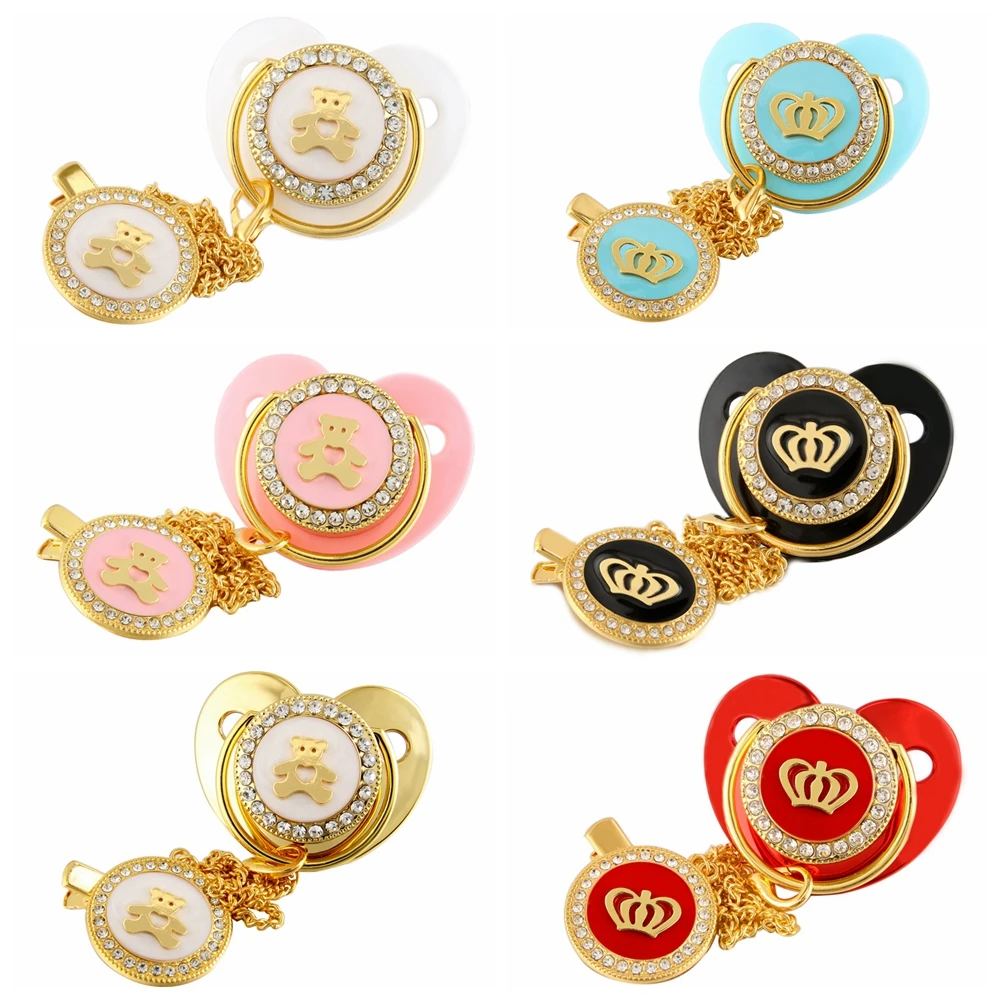 

Newest Luxury Golden Bling Crown Bear Baby Pacifier with Chain Clip Newborn BPA Free Bling Dummy Soother Chupeta 0-18 Months
