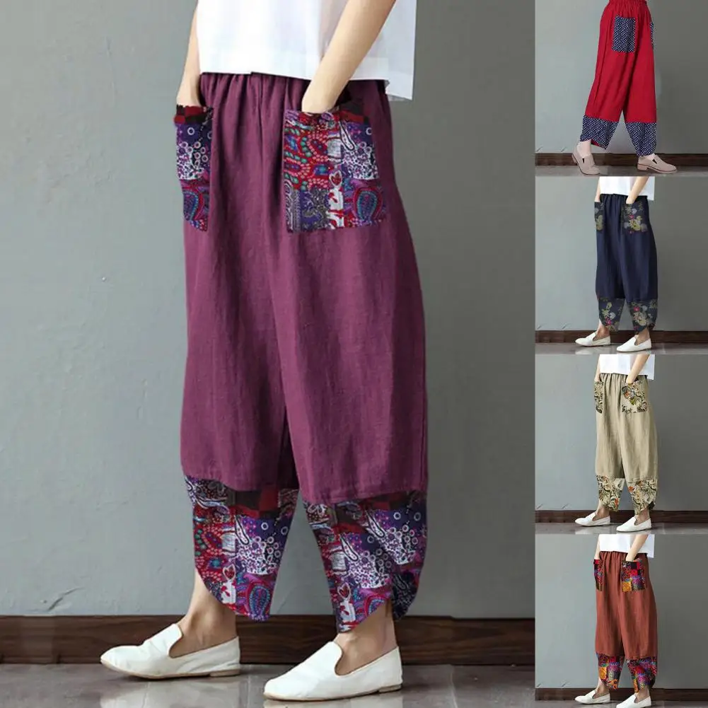 

Popular Loose Pants Lady Women Pants Pockets Ethnic Print Patchwork Pants Breathable