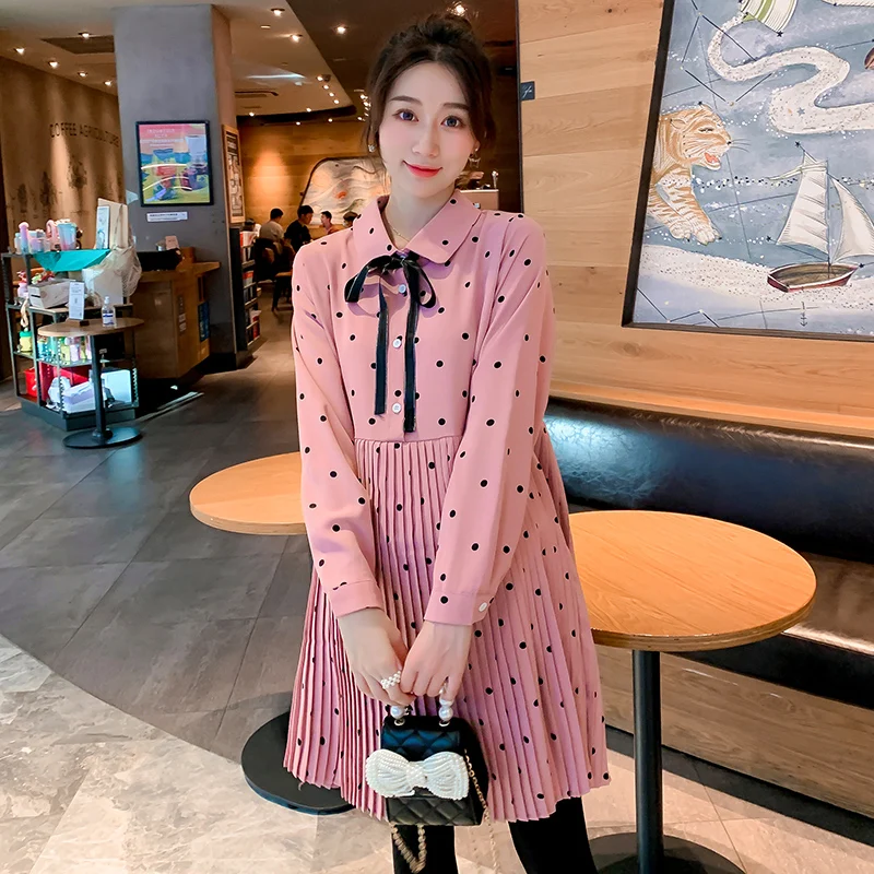 

9087# 2022 New Spring Sweet Lovely Dot Print Pleated Patchwork Maternity Dress Loose Blouse Clothes for Pregnant Women Pregnancy