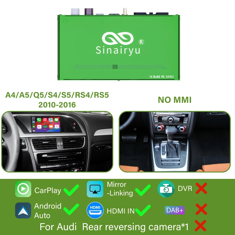 

Sinairyu Беспроводная камера Apple CarPlay для Audi A1 A3 A4 A5 A6 A7 A8 Q2 Q3 Q5 Q7 S4 S5 MMI Car Play Android Auto Mirror Камера заднего вида