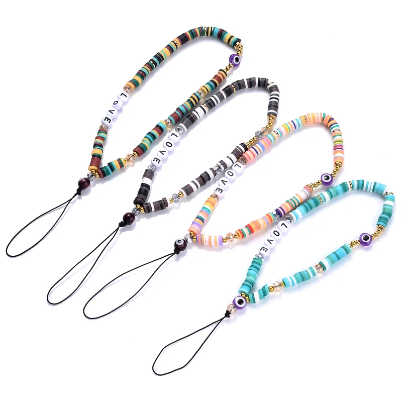 New Mobile Phone Jewelry Acrylic Letter Clay Polymer Spacer Beaded Mobile Phone Chain for Lady Girl Anti-Lost Lanyard Jewelry