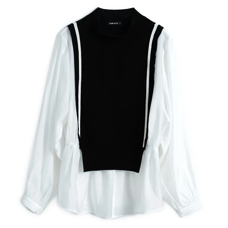

2022 Spring and Autumn New Shirt Women's Stitching Thin Long-sleeved Round Neck Fashion Fake Two-piece Knitted Sweater