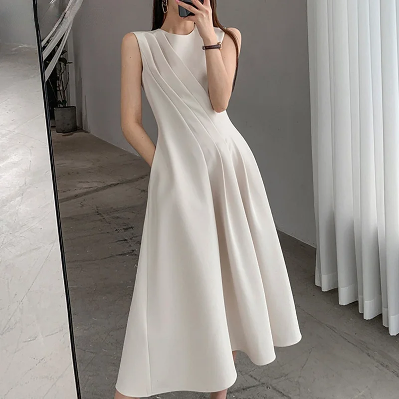 

Dinboa- Elegant O-neck Female Line Dress Spring Summer Sleeveless Thin Waist Female Solid Dress Ladies Midi Dresses 2022