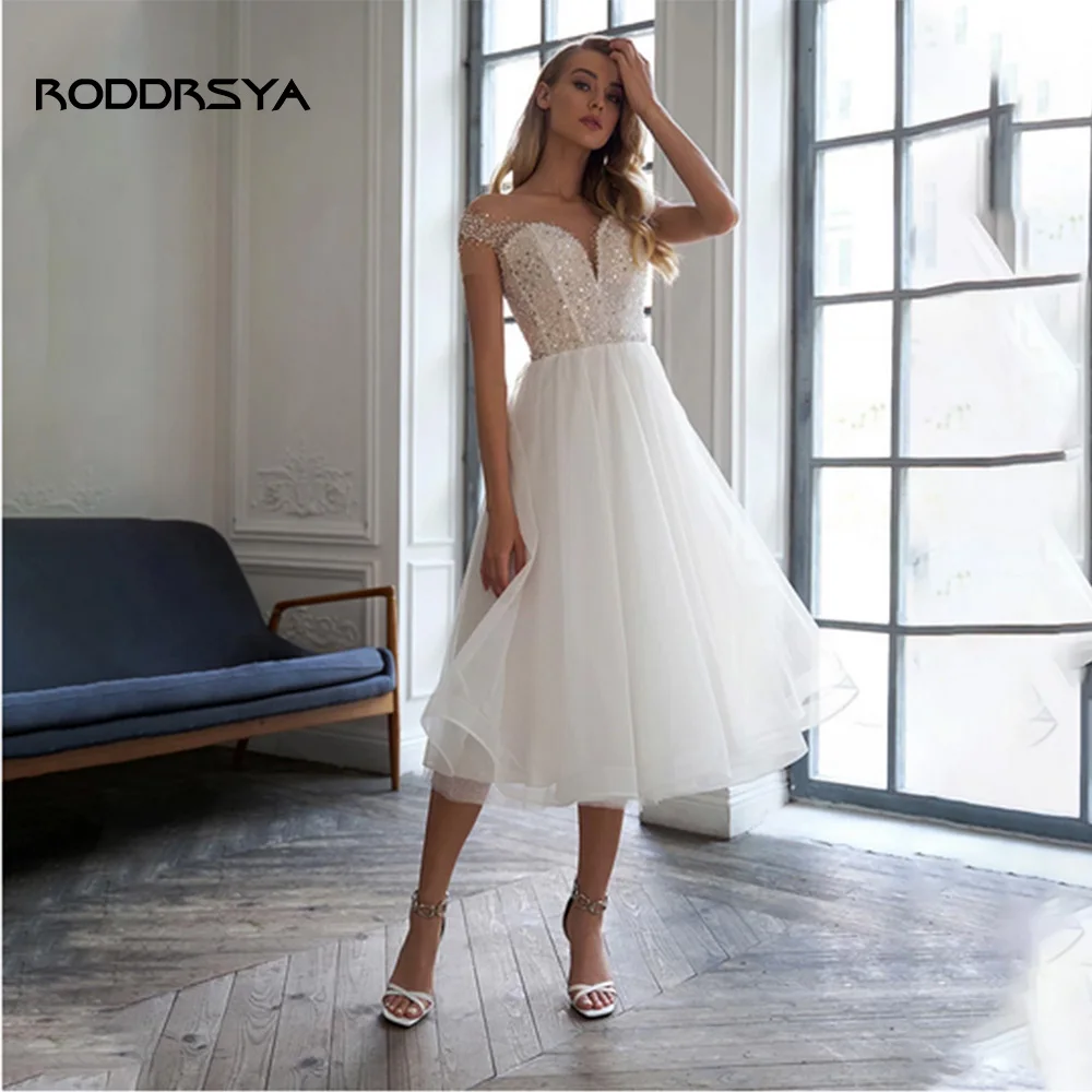 

RODDRSYA Short Wedding Dress 2022 Sweetheart Sequin Illusion Off Shoulder A Line Organza Bride Gowns Lace Up Back Robe De Mariee