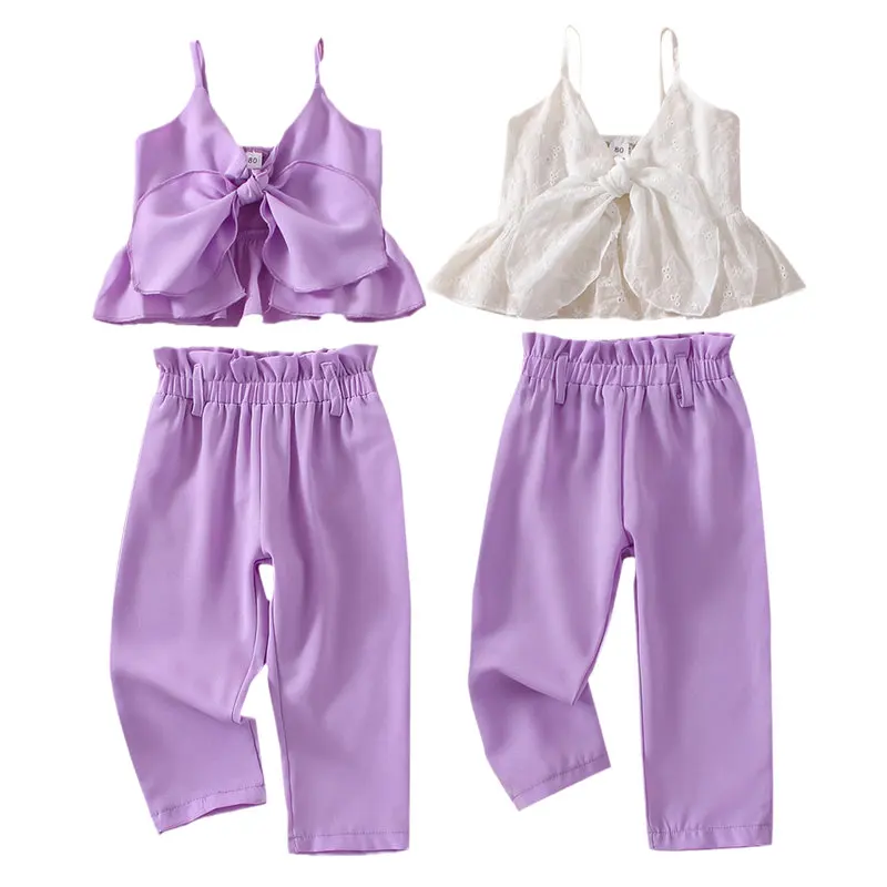 

1-8Years Kids Girls Summer Clothes Pants Sets Lace Vest+Loose Purple Pants Toddler Children's Girls Littler Big Sister Clothing