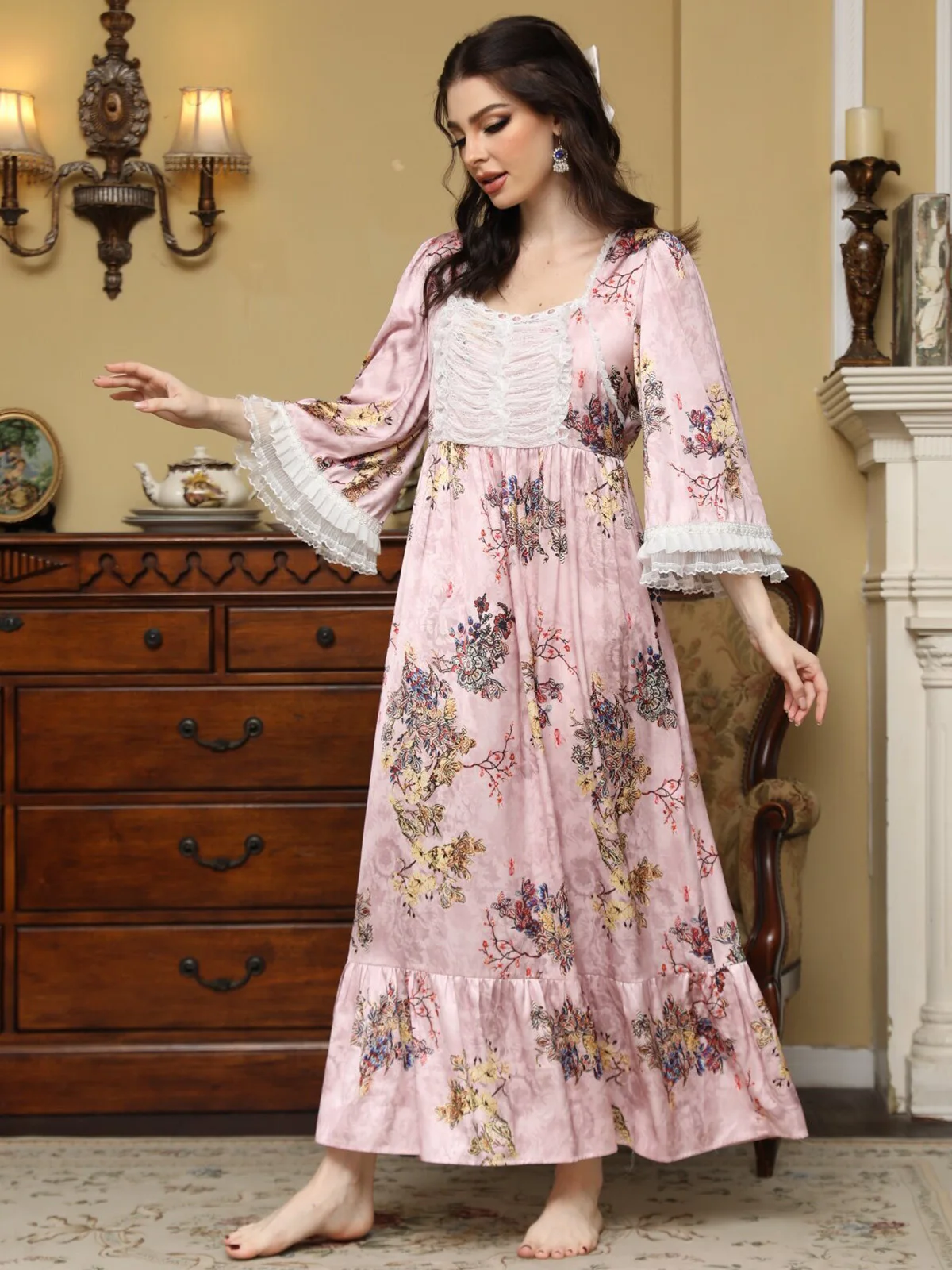 

Женская Летняя шелковая ночная рубашка с оборками и цветочным принтом сказочные винтажные ночные рубашки принцессы Пижама викторианская Пижама женская ночная одежда